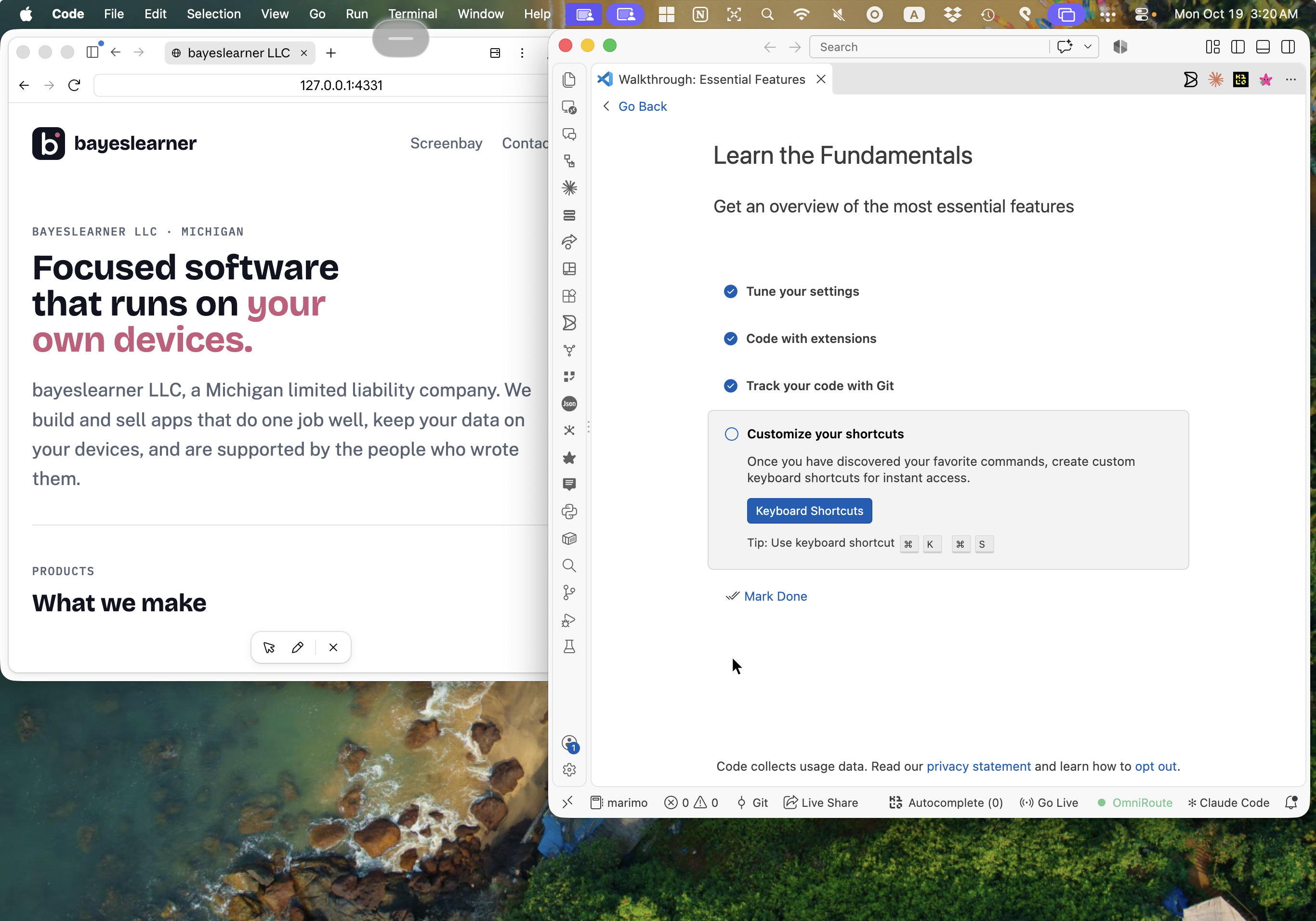 A macOS desktop with a web browser and a code editor side by side, at the full width Screenbay streams to an iPad.